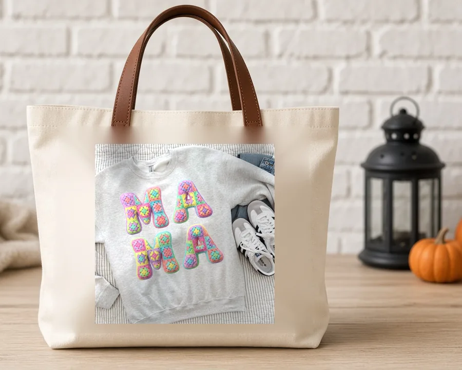 Granny Square Mama PNG design on a canvas tote bag