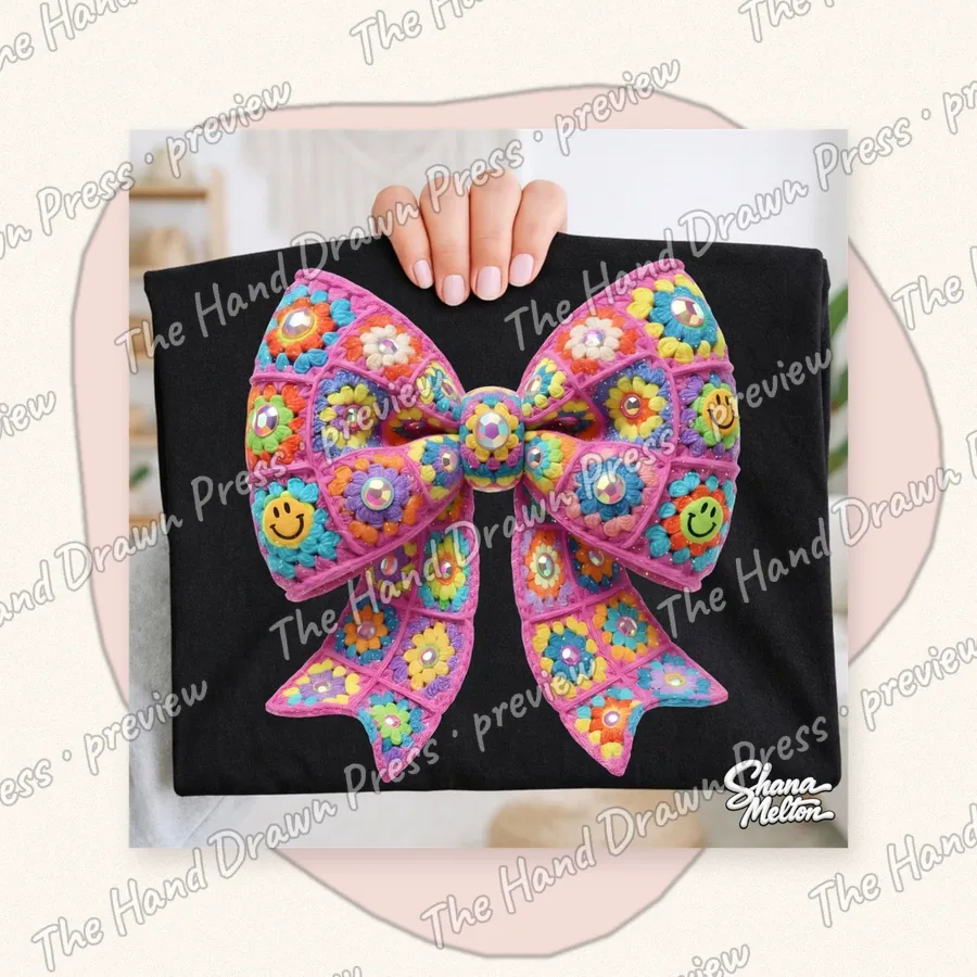 Granny Square Pink Bow hand drawn PNG design