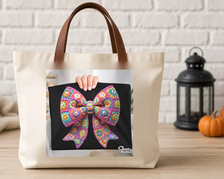 Granny Square Pink Bow PNG design on a canvas tote bag
