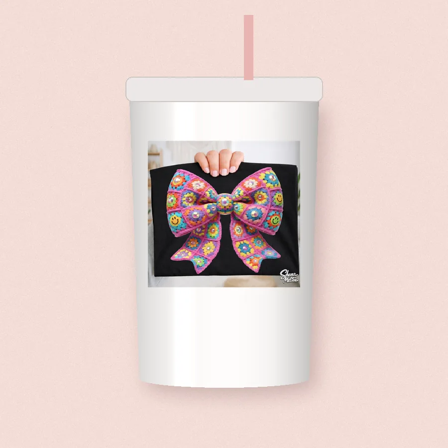 Granny Square Pink Bow sublimation design on a skinny tumbler