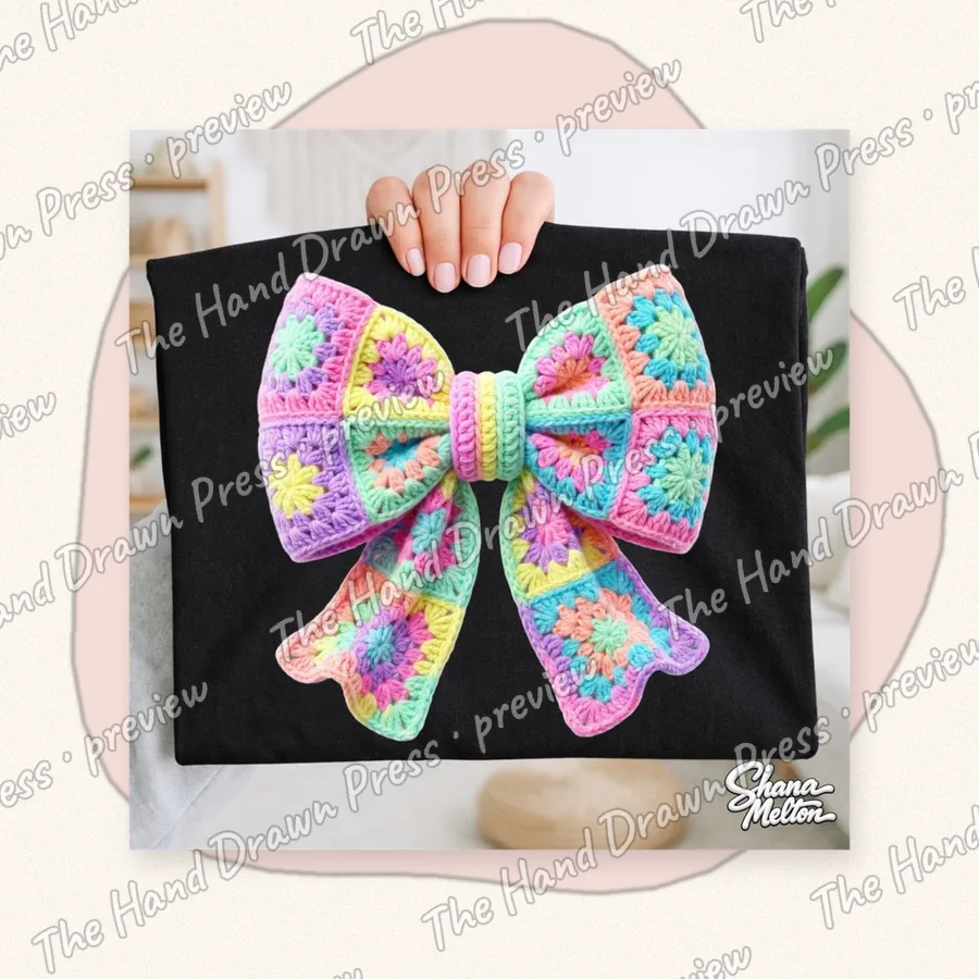 Granny Square Rainbow Bow hand drawn PNG design