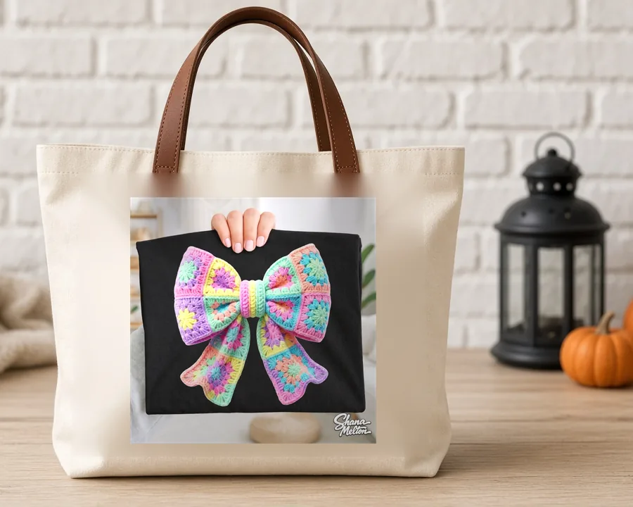 Granny Square Rainbow Bow PNG design on a canvas tote bag