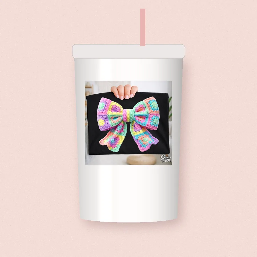 Granny Square Rainbow Bow sublimation design on a skinny tumbler