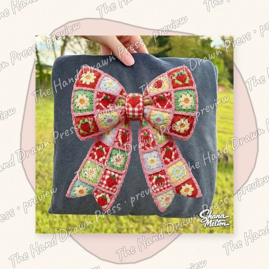 Granny Square Red Bow hand drawn PNG design