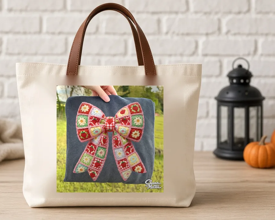 Granny Square Red Bow PNG design on a canvas tote bag
