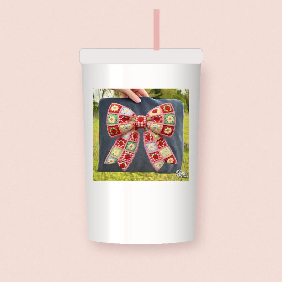 Granny Square Red Bow sublimation design on a skinny tumbler