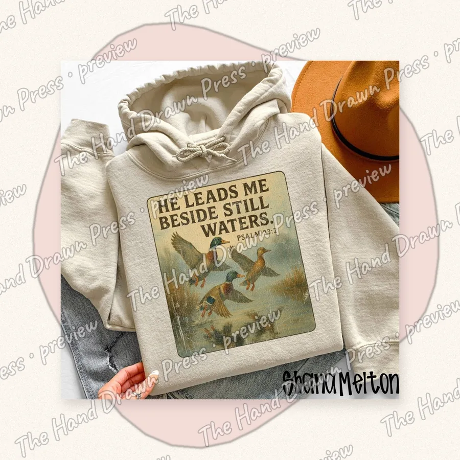 He Leads Me Beside Still Waters hand drawn PNG design