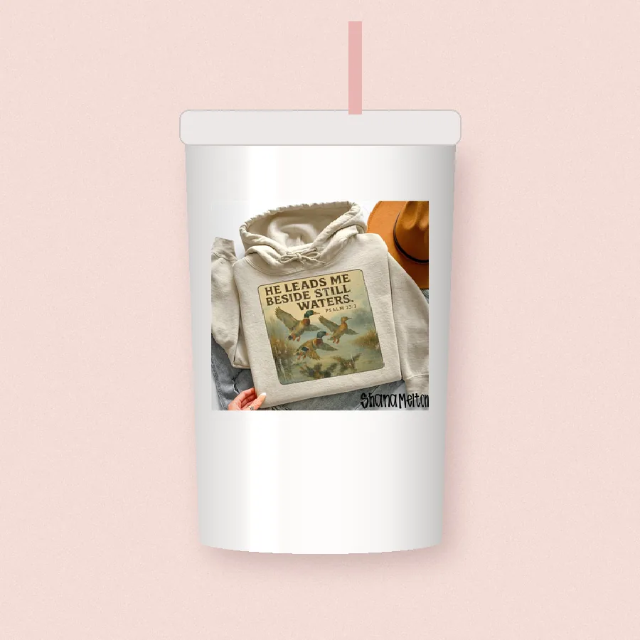 He Leads Me Beside Still Waters sublimation design on a skinny tumbler