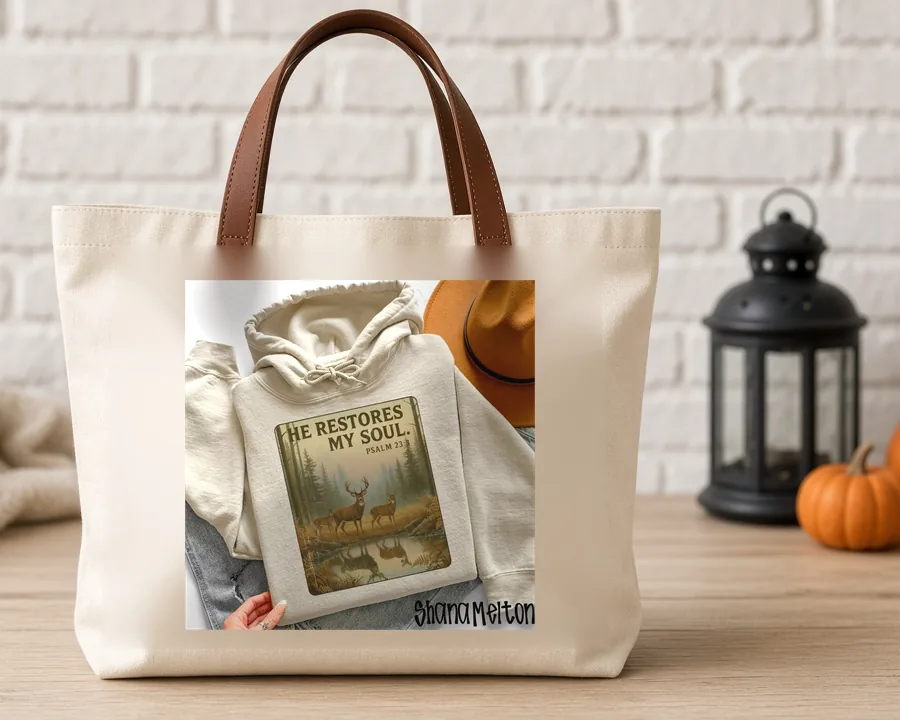 He Restores My Soul PNG design on a canvas tote bag