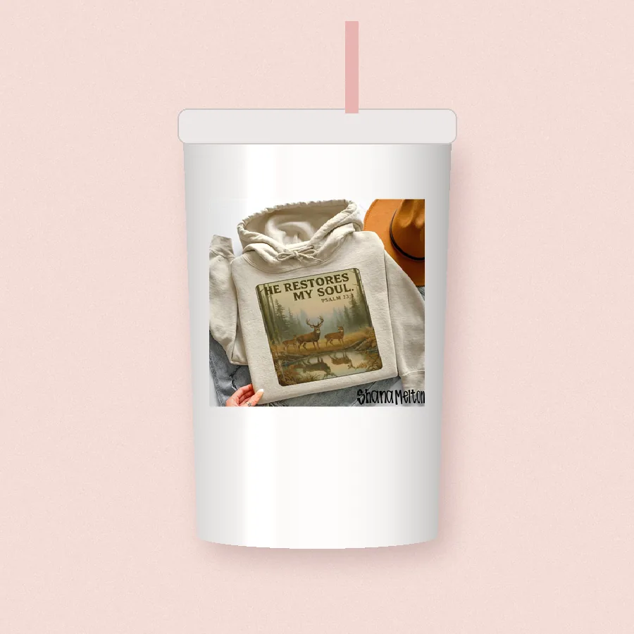 He Restores My Soul sublimation design on a skinny tumbler