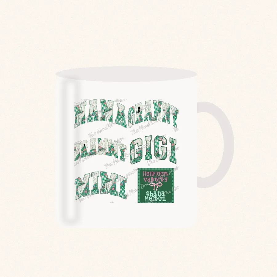 Heirloom Varsity Granny Gigi Mimi design on a 11 oz mug