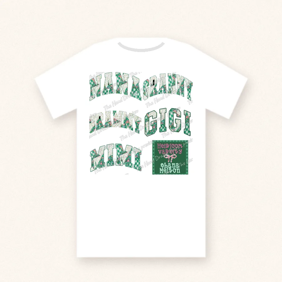 Heirloom Varsity Granny Gigi Mimi design on a unisex t-shirt