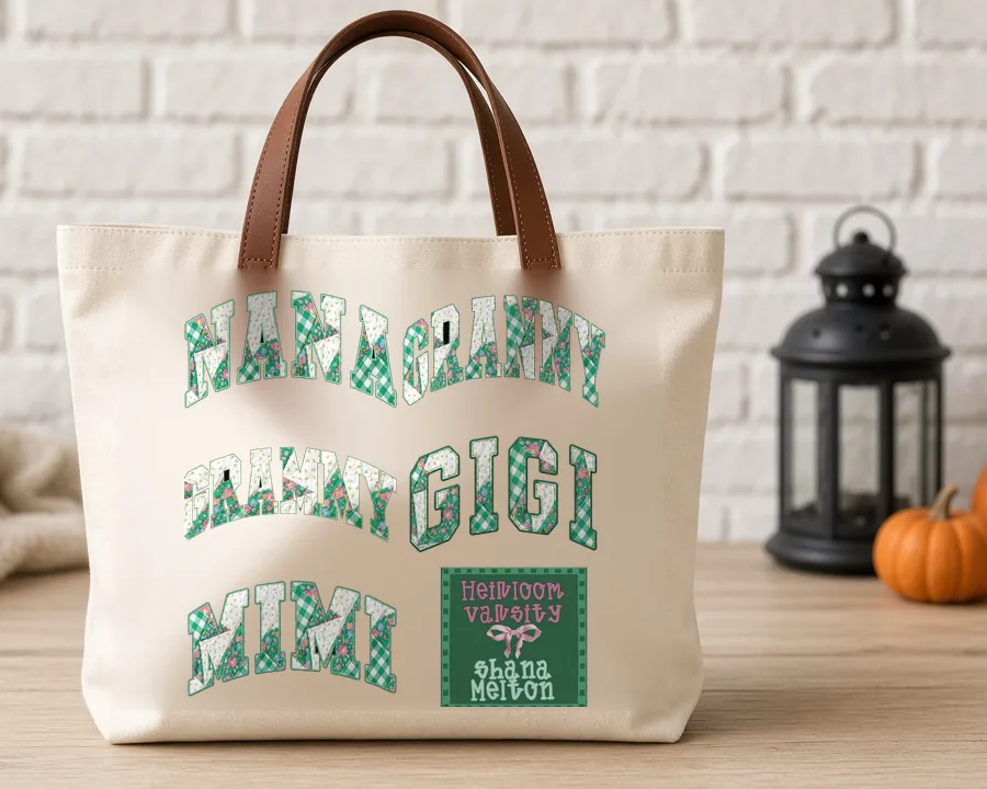 Heirloom Varsity Granny Gigi Mimi design on a cotton tote bag