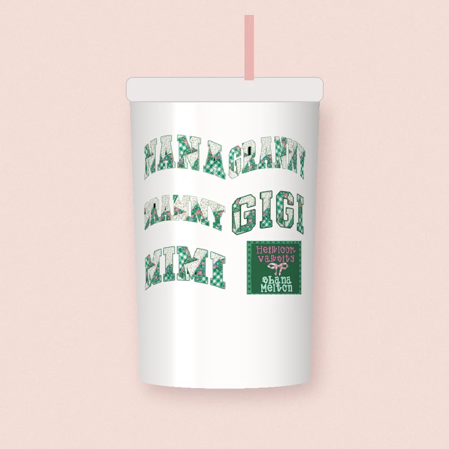 Heirloom Varsity Granny Gigi Mimi design on a 20 oz tumbler