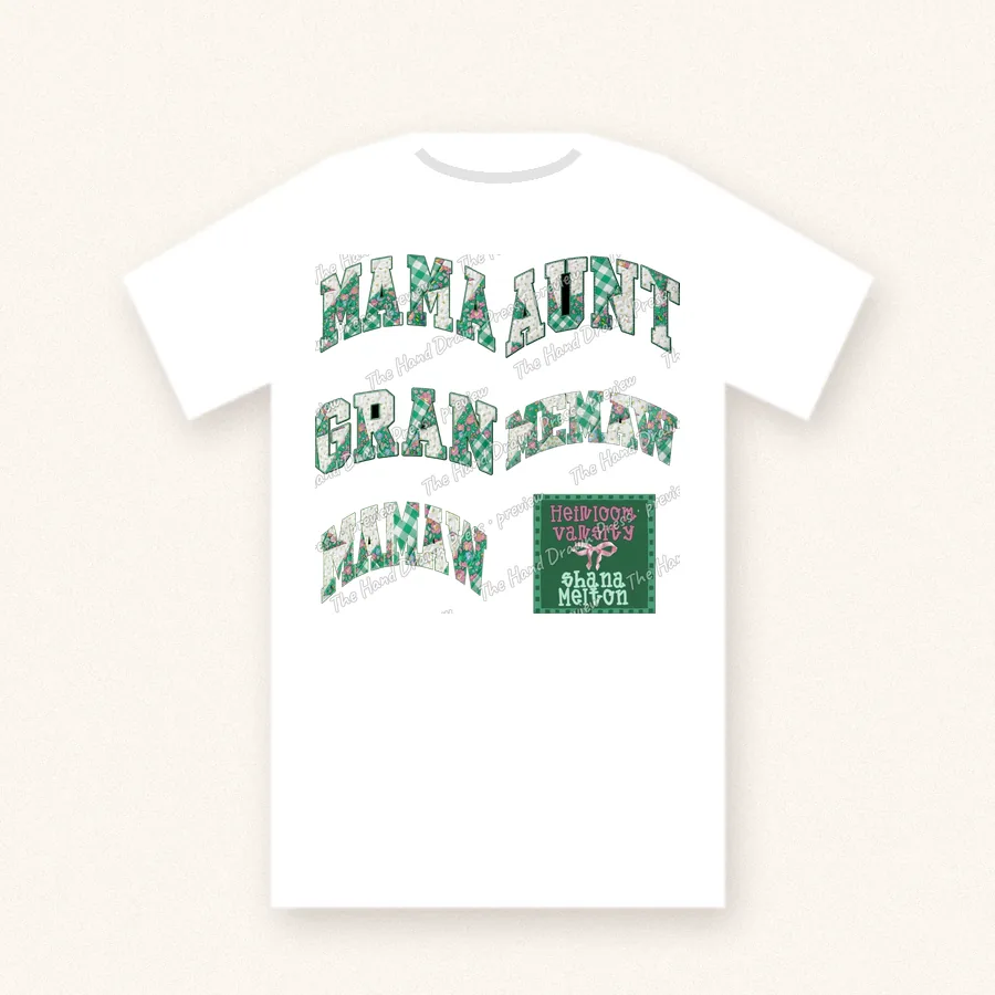 Heirloom Varsity Mama Aunt Gran design on a unisex t-shirt
