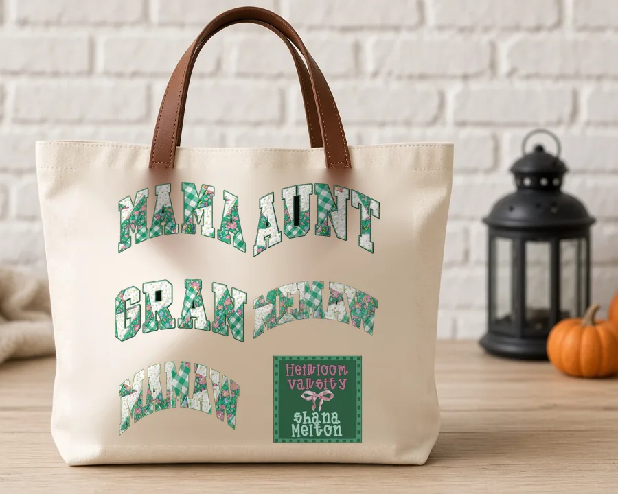 Heirloom Varsity Mama Aunt Gran design on a cotton tote bag