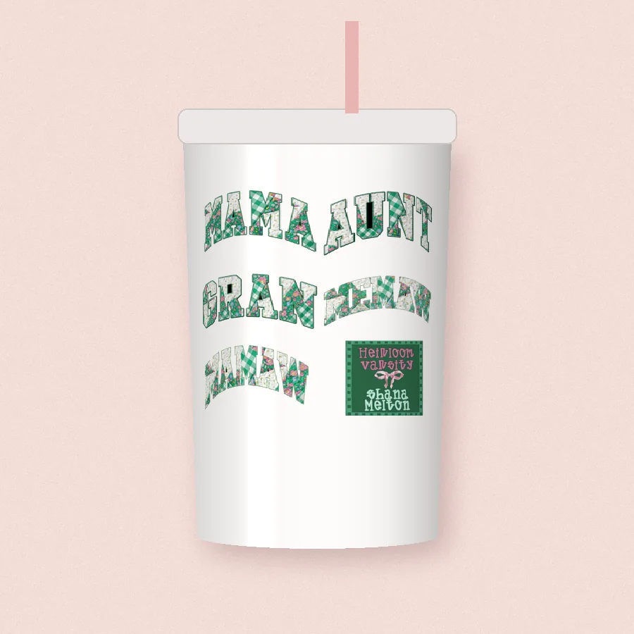 Heirloom Varsity Mama Aunt Gran design on a 20 oz tumbler