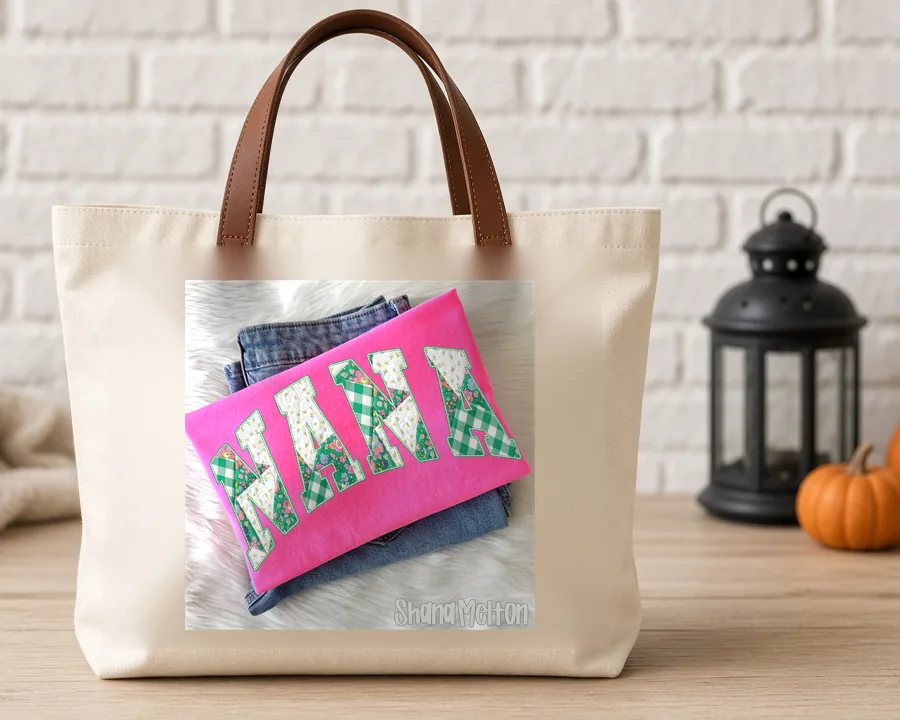 Heirloom Varsity Mama Gingham PNG design on a canvas tote bag