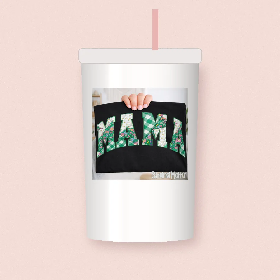 Heirloom Varsity Mama sublimation design on a skinny tumbler