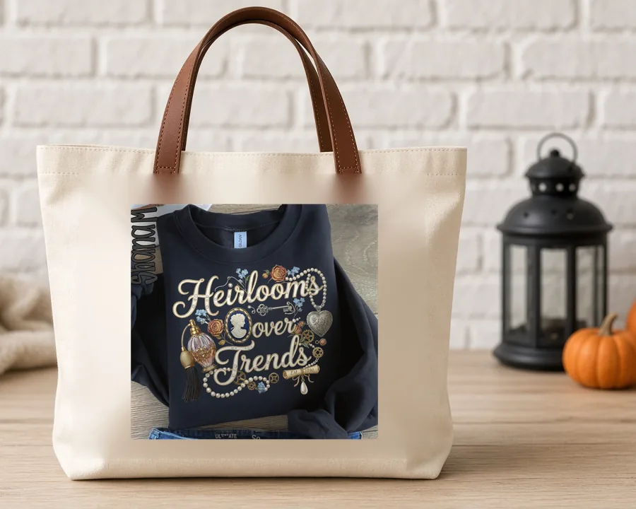 Heirlooms Over Trends PNG design on a canvas tote bag