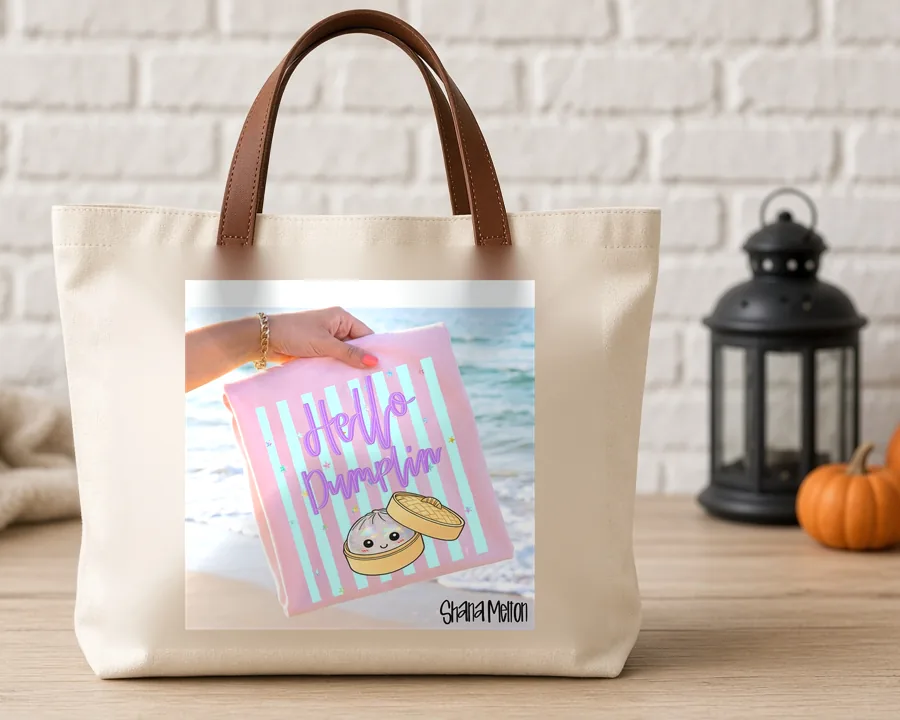 Hello Dumpling PNG design on a canvas tote bag