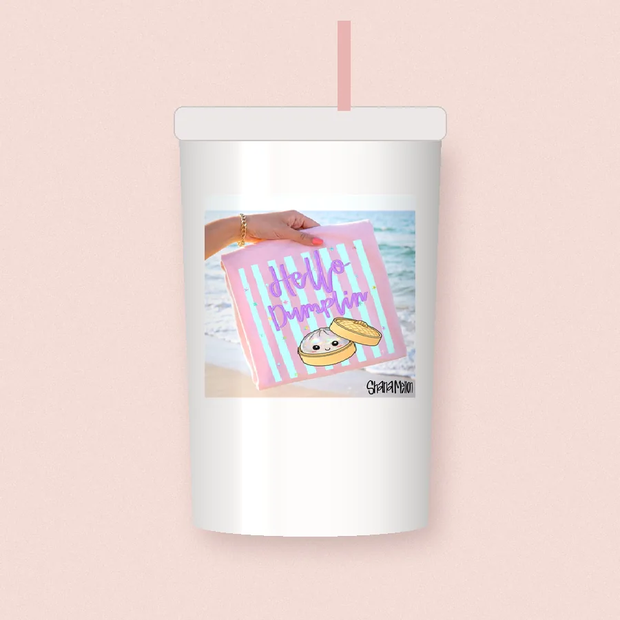 Hello Dumpling sublimation design on a skinny tumbler