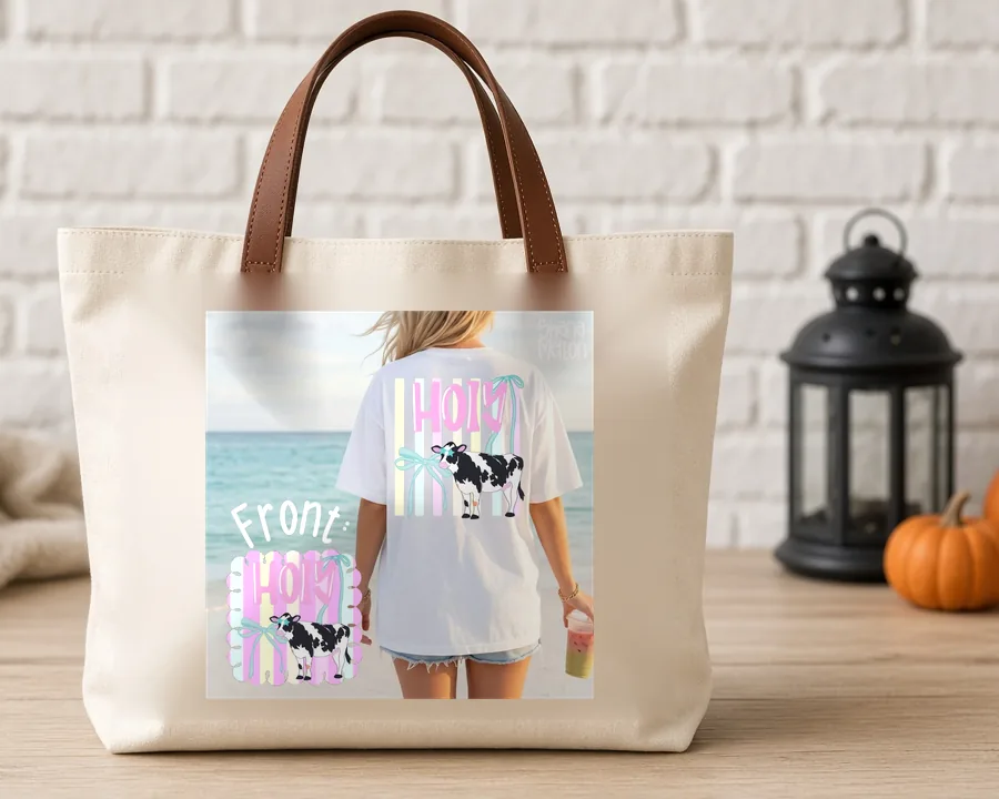Hey Cow Front and Back PNG design on a canvas tote bag