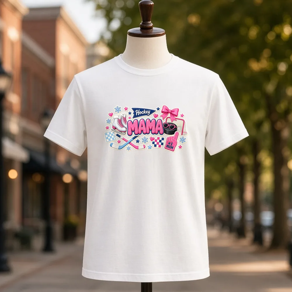 Hockey Mama Collage PNG on a white t-shirt