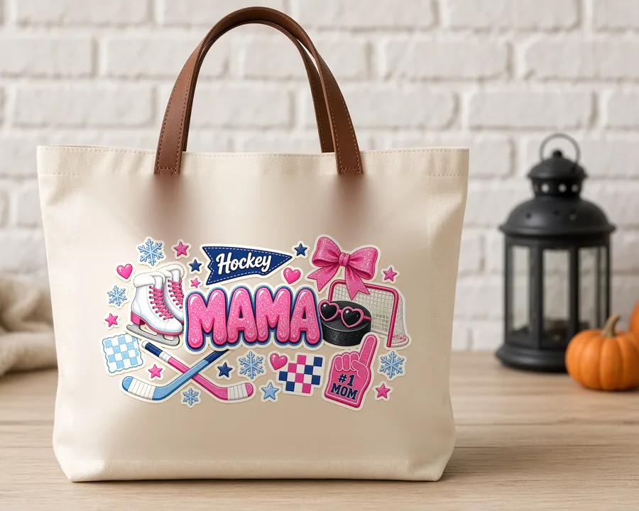 Hockey Mama Collage PNG design on a canvas tote bag