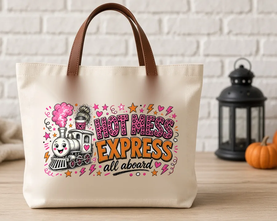 Hot Mess Express PNG design on a canvas tote bag