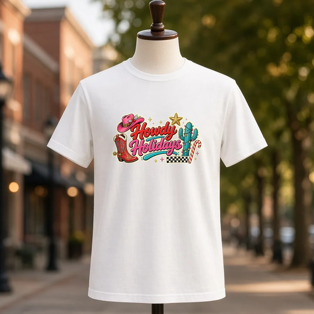 Howdy Holidays Western Christmas PNG on a white t-shirt