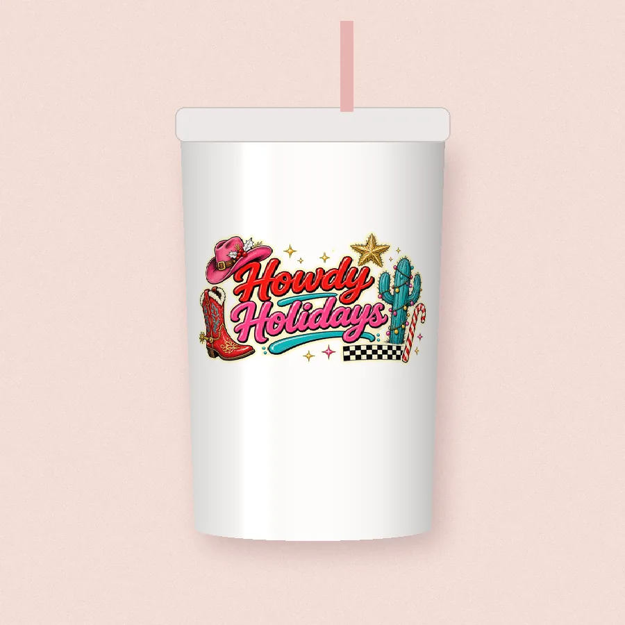 Howdy Holidays Western Christmas sublimation design on a skinny tumbler