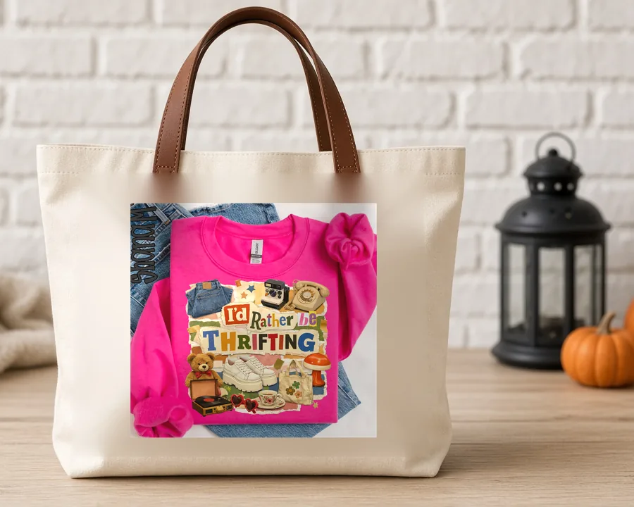 Id Rather Be Thrifting PNG design on a canvas tote bag