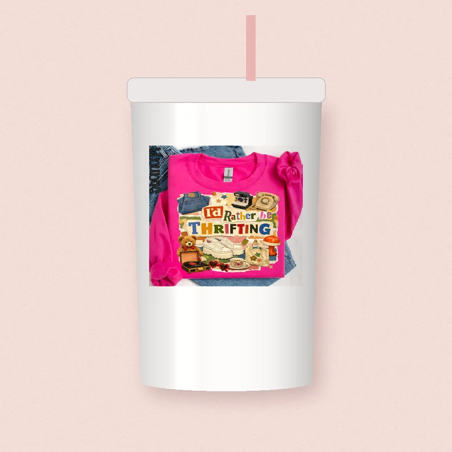Id Rather Be Thrifting sublimation design on a skinny tumbler