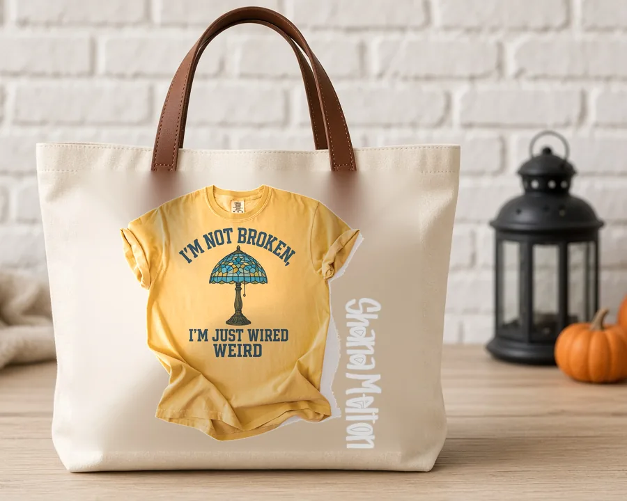 Im Not Broken Just Wired Weird design on a cotton tote bag