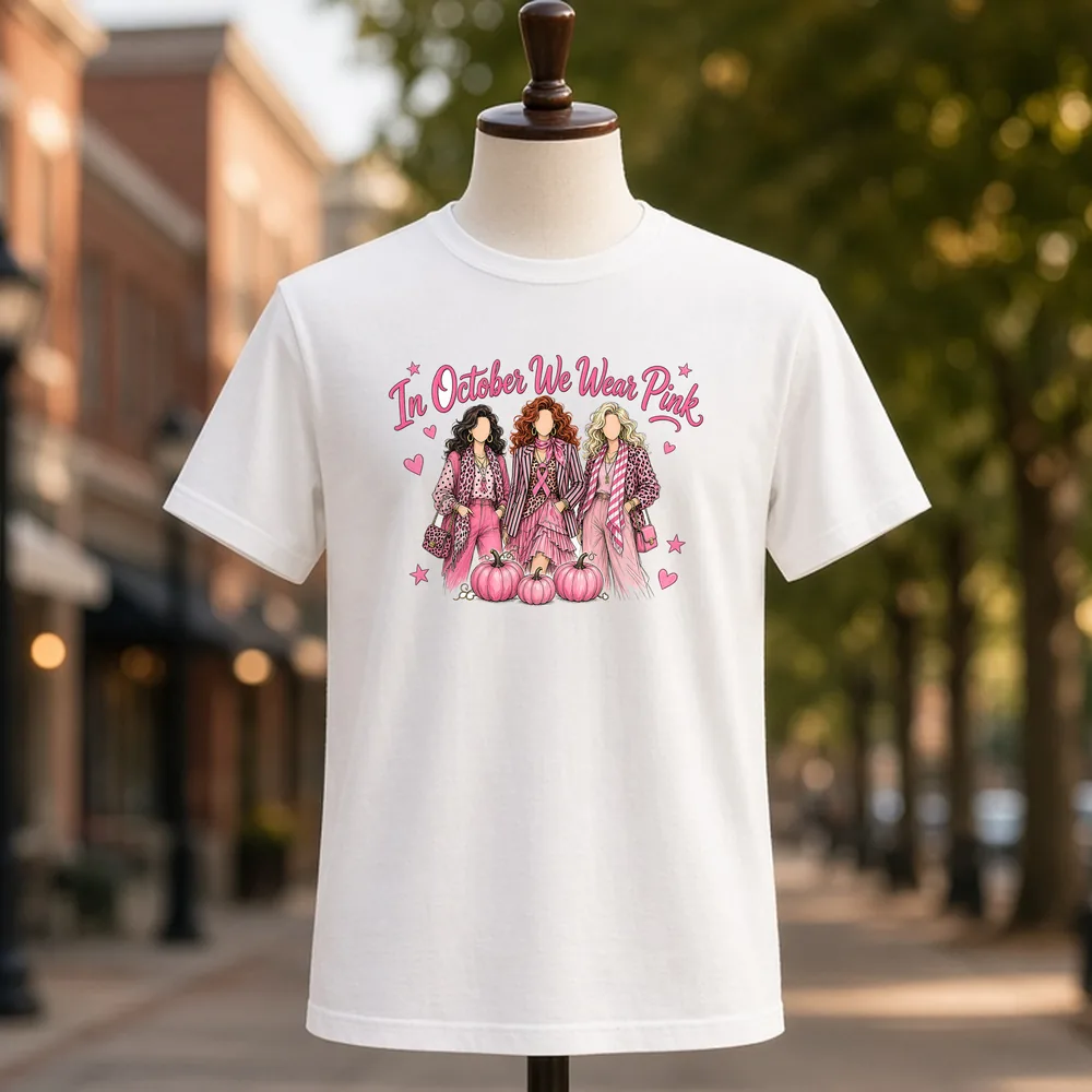 In October We Wear Pink PNG design on a tee