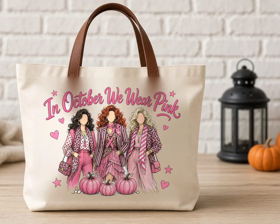 In October We Wear Pink PNG design on a canvas tote bag