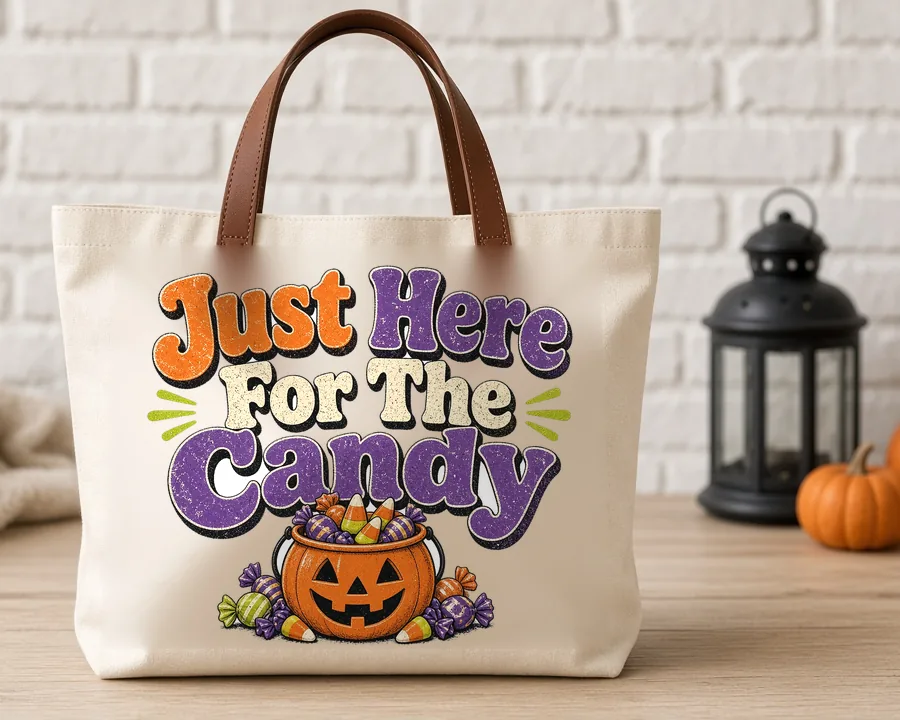 Just Here for the Candy PNG design on a canvas tote bag