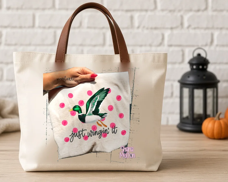 Just Winging It Duck design on a cotton tote bag