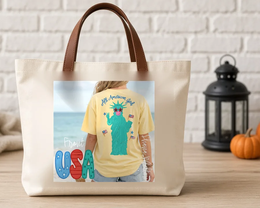 Lady Liberty USA PNG design on a canvas tote bag