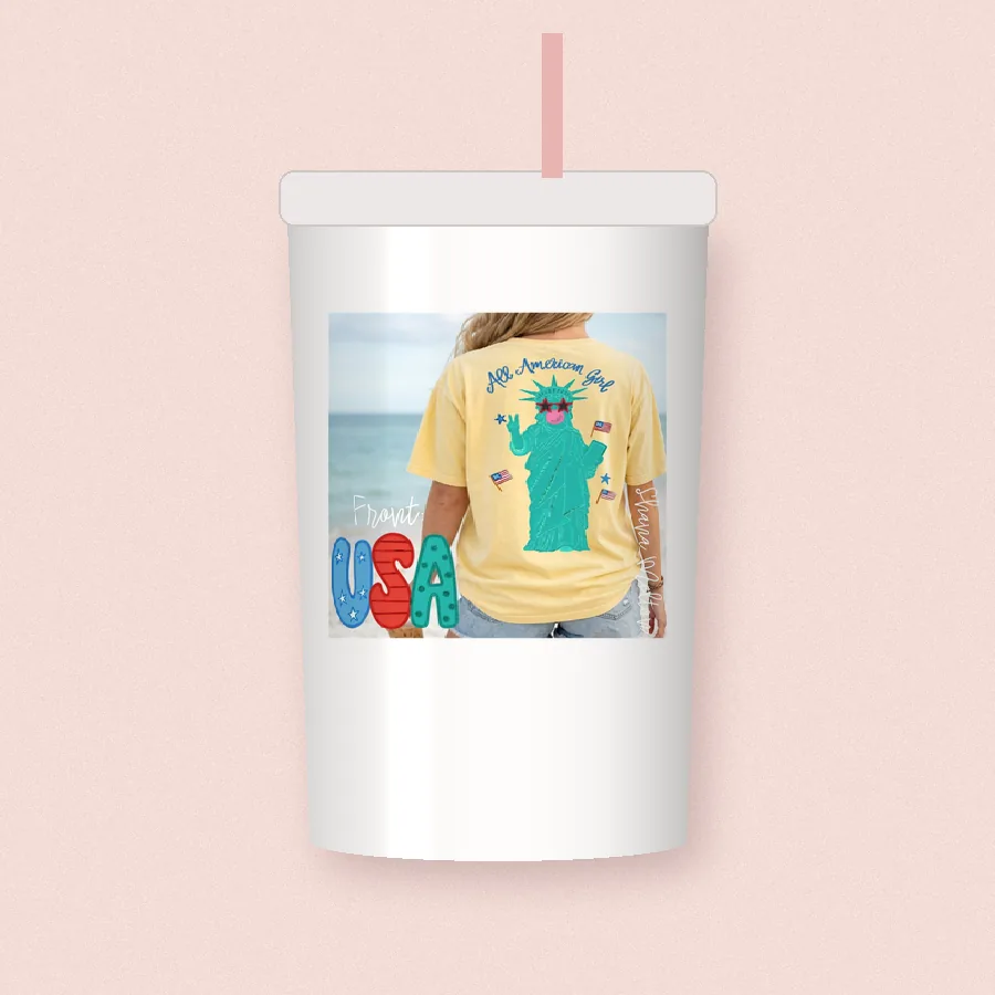 Lady Liberty USA sublimation design on a skinny tumbler