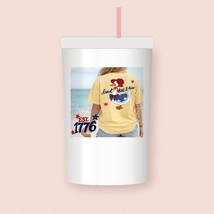 Land of the Free Est 1776 sublimation design on a skinny tumbler