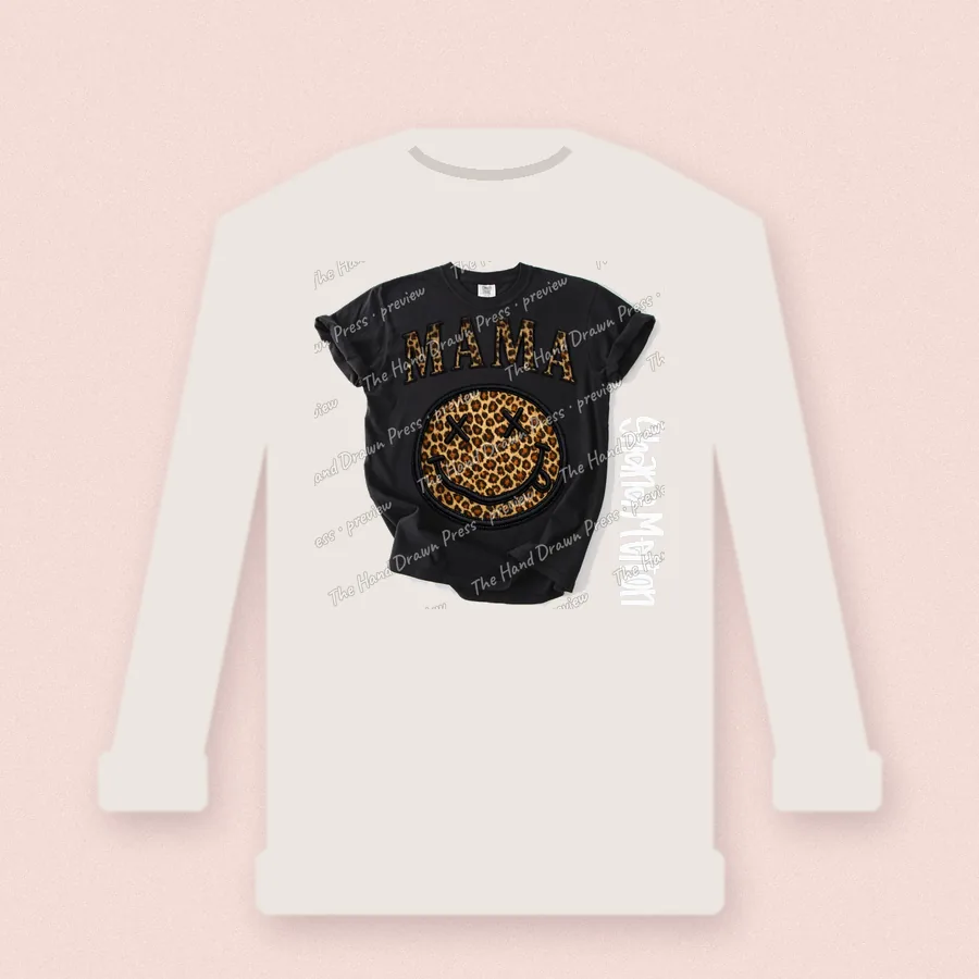 Leopard Smiley Mama design on a crewneck sweatshirt