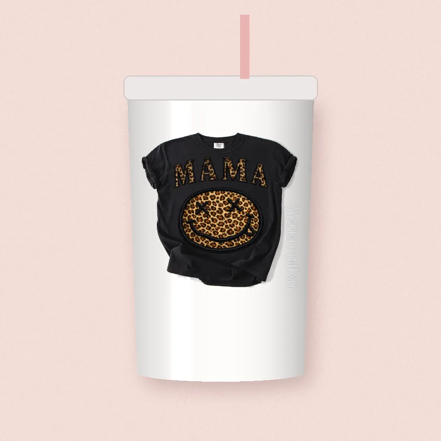 Leopard Smiley Mama design on a 20 oz tumbler