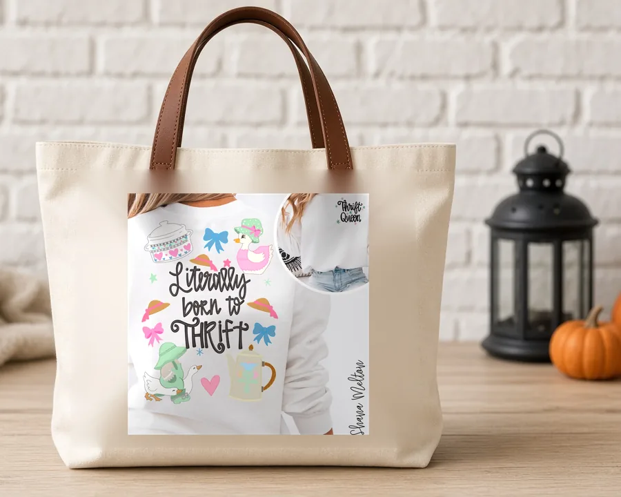 Literally Born to Thrift PNG design on a canvas tote bag