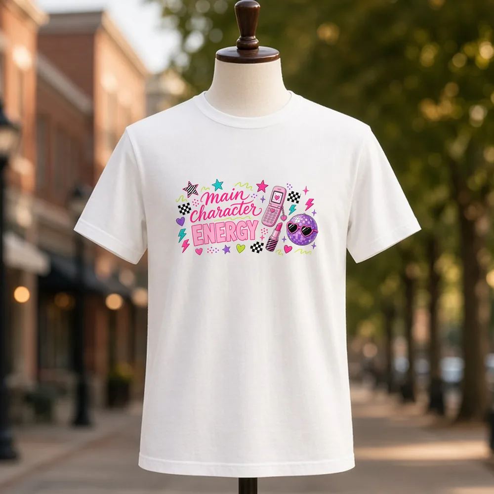 Main Character Energy PNG on a white t-shirt