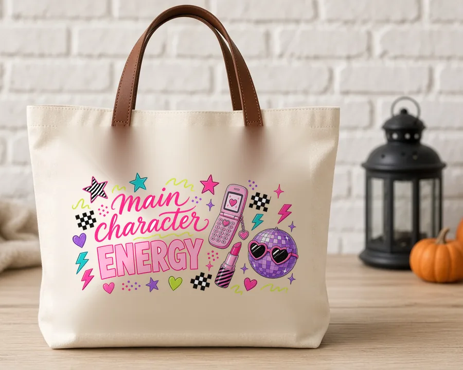 Main Character Energy PNG design on a canvas tote bag
