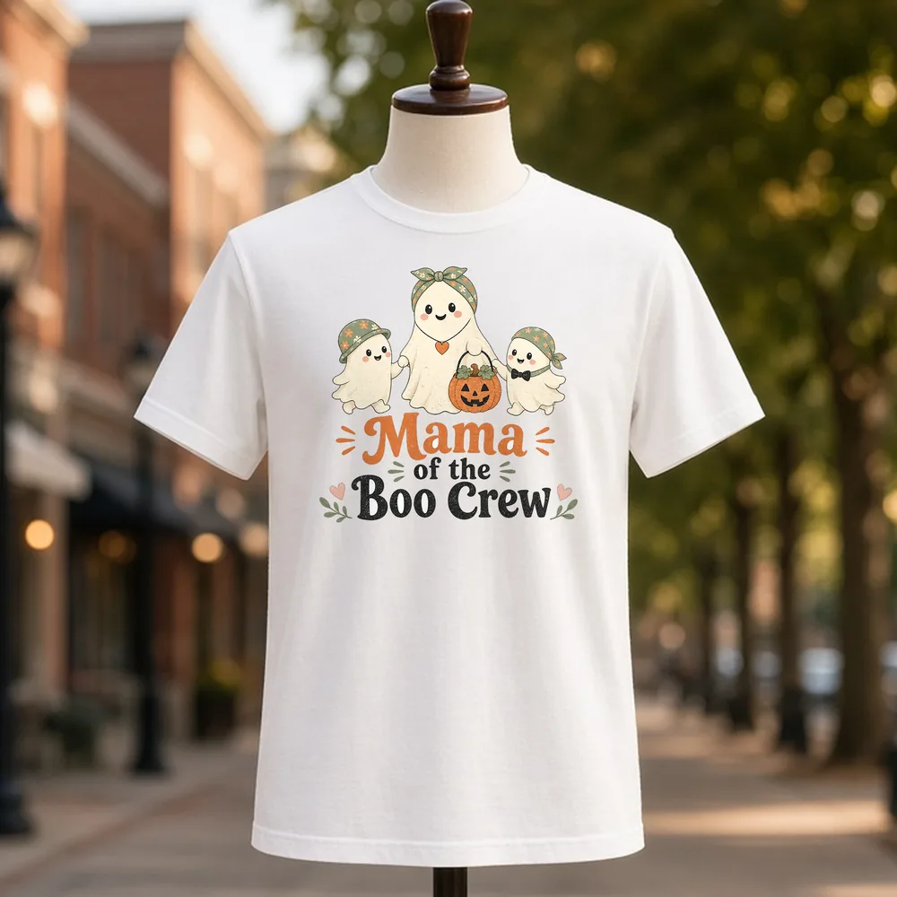 Mama of the Boo Crew PNG on a white t-shirt