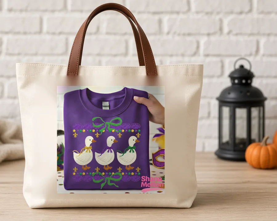 Mardi Gras Bow Geese PNG design on a canvas tote bag
