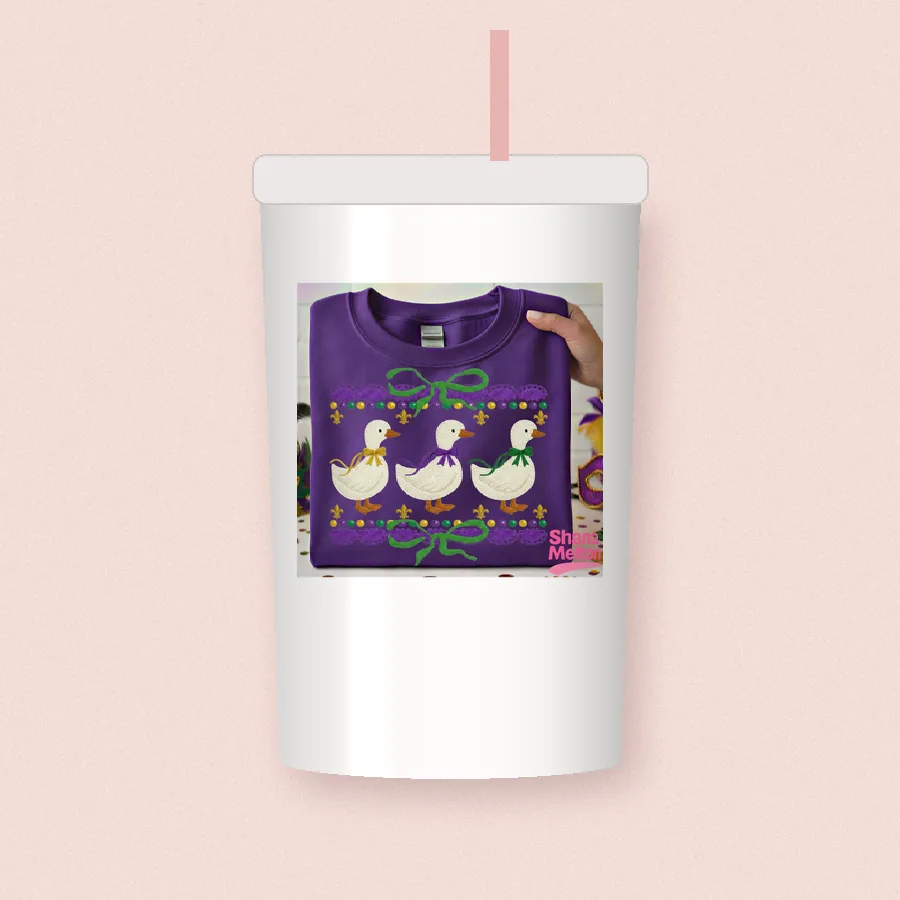 Mardi Gras Bow Geese sublimation design on a skinny tumbler